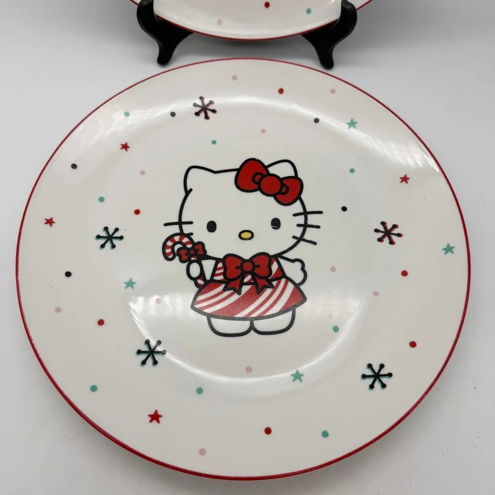 Hello Kitty Christmas Ceramic dinner Plates Silver Buffalo Sanrio Holiday 10.5